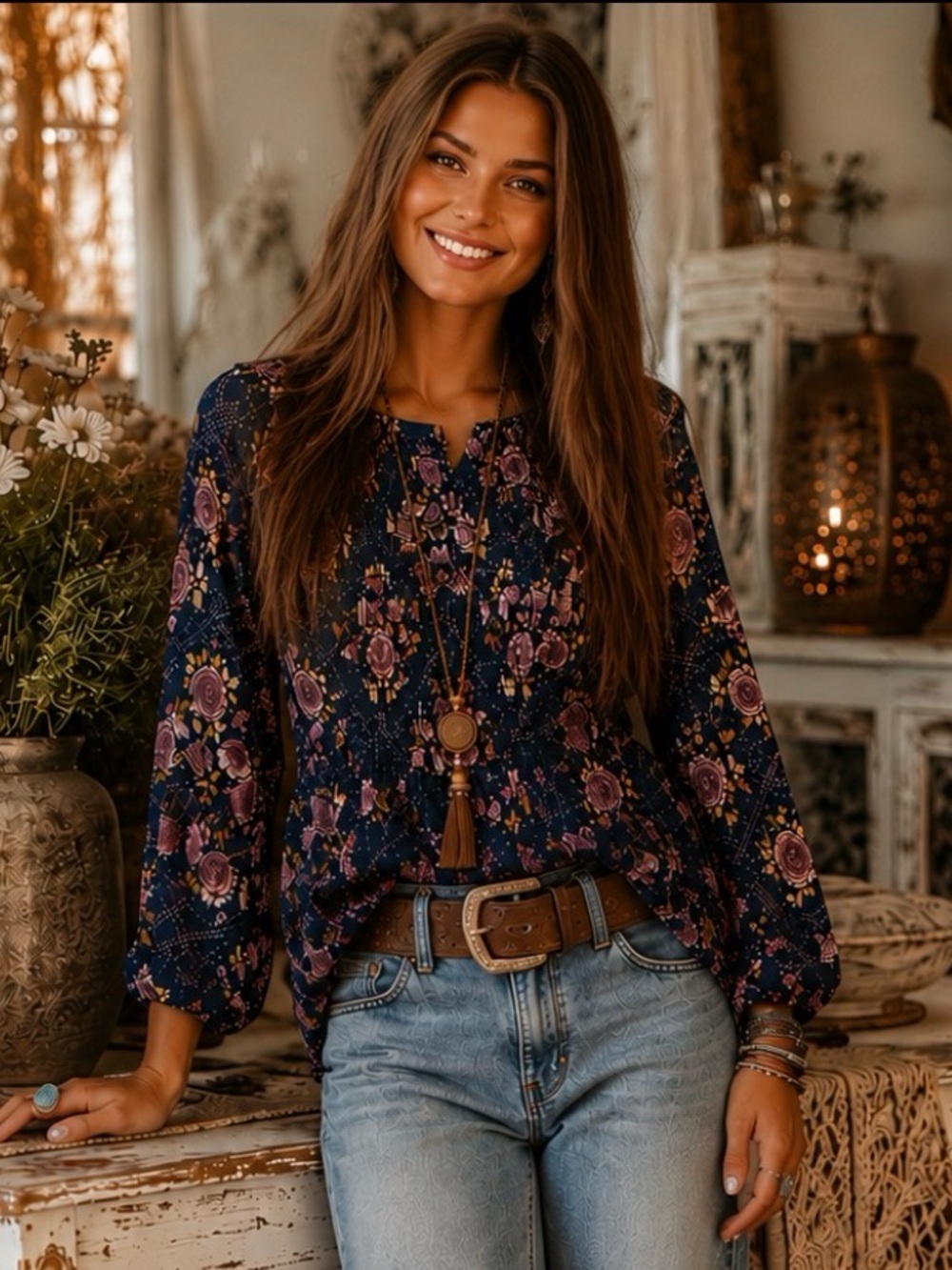 Knox Rose Navy Floral Smocked-Waist Peasant Blouse